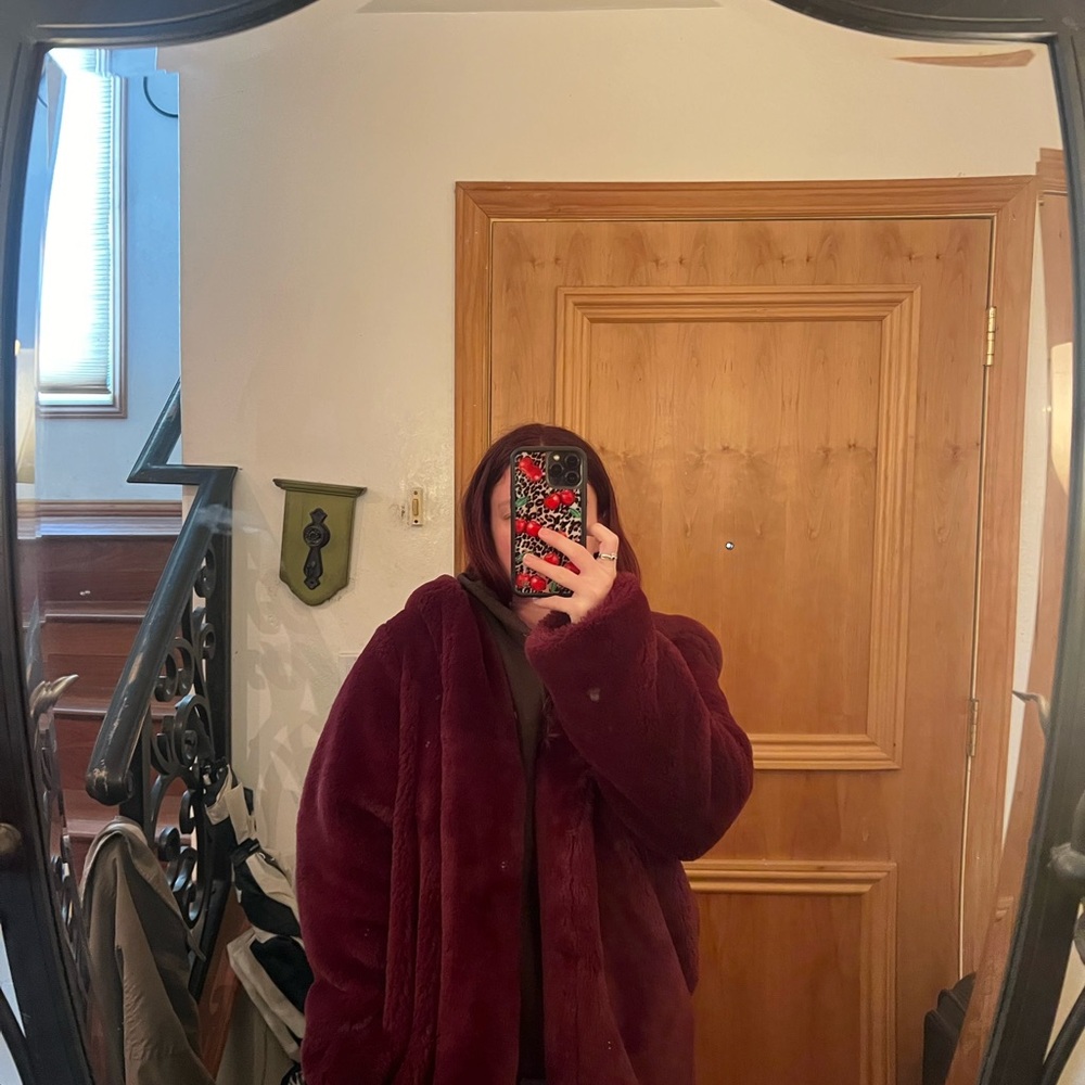Burgundy Faux Fur Jacket - Picture 3 of 5